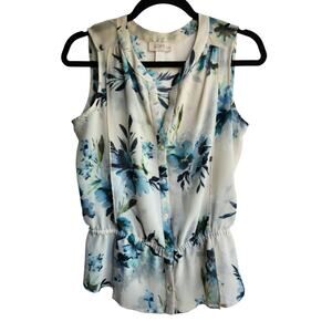 LOFT Top Floral Beige/Blue Floral Sleeveless Blouse Petite Small